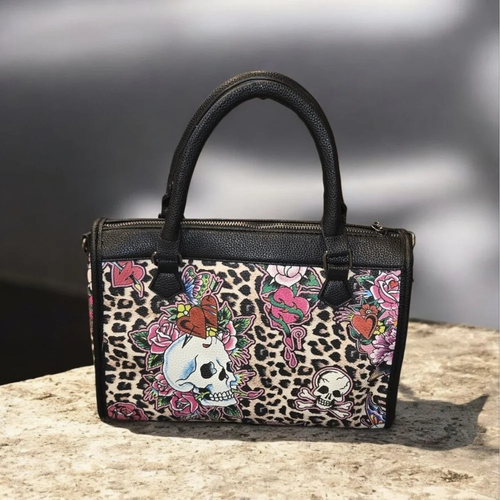 Ed Hardy Satchel Bag In Cheetah with Floral Skull Design, NWT - Picture 8 of 8